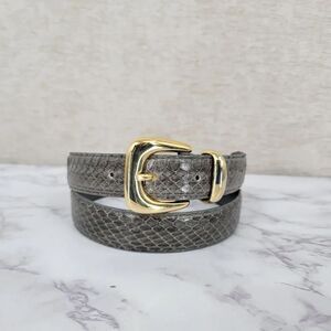 Vintage 80s Gray Genuine Snakeskin Leather Belt with Gold Tone Buckle